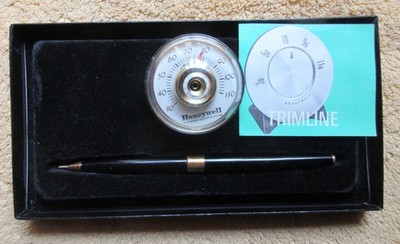 VINTAGE HONEYWELL RONDELLE PEN SET  -THERMOMETER/PAPERWEIGHT/PEN