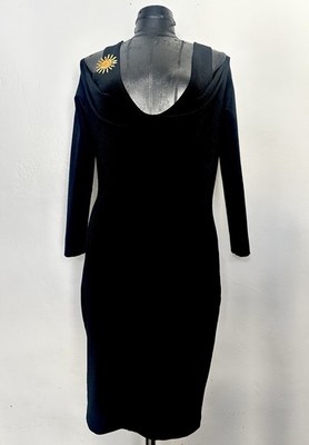 Vintage Black Open Shoulder Dress Gold Sun Brooch Bodycon Cocktail Party Midi