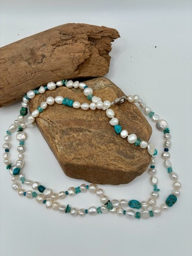  Freshwater Pearl Turquoise Necklace Sterling Silver 925 Clasp 20”