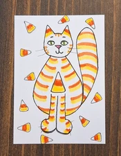 ACEO Original Candy Corn Kitty Cat Cartoon Watercolor Painting