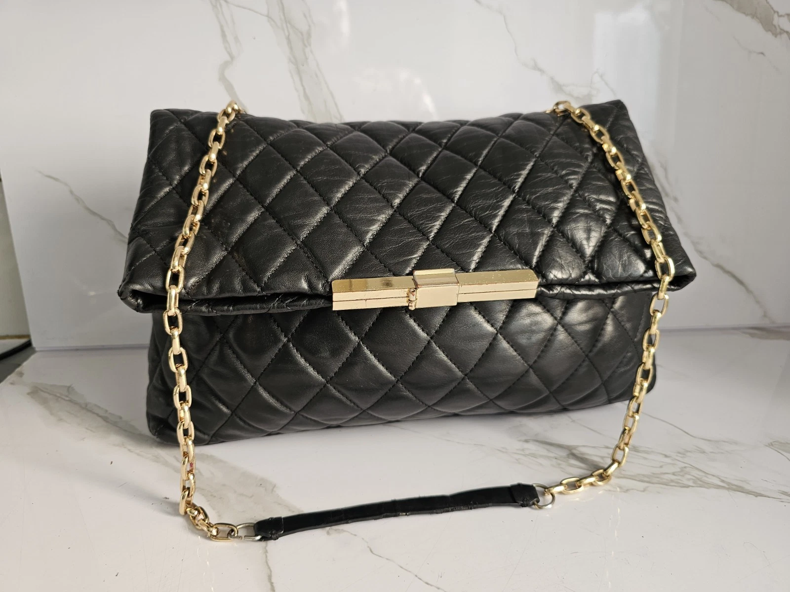 ZARA WOMAN DESIGNER WOMENS BLACK QUITED LEATHER SHOULDER TOTE SATCHEL HANDBAG