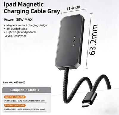Magnetic Wireless Charger Cord For iPad Pro 11''M5/M4,35W Fast Charge Cable 6.5Ft