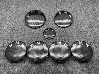7pcs Black Carbon Fibre Roundel Steering Front Rear Emblem Badge Wheel Cap