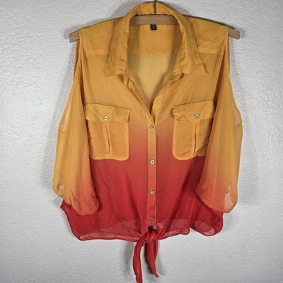 XOXO Cold Shoulder Sheer Blouse Top Size XL Ombre Tie Front Button Up Collared