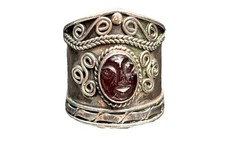 Sterling Silver Balinese Style Wide Band Ring with Faceted Garnet Size 7.75 VTG