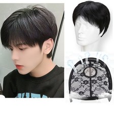 Short Full Hand-made Wig Genuine 100% Natural Hair Men Hairpiece Toupee Wig