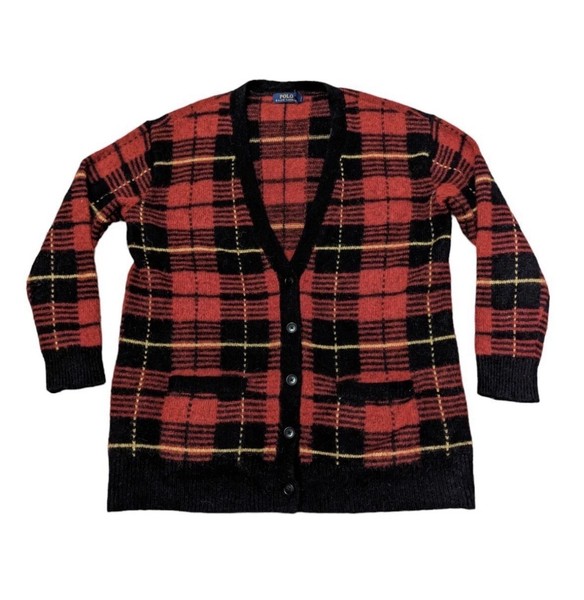 Vtg Polo Ralph Lauren Red Black Tartan Wool Alpaca Plaid Cardigan Sweater Large