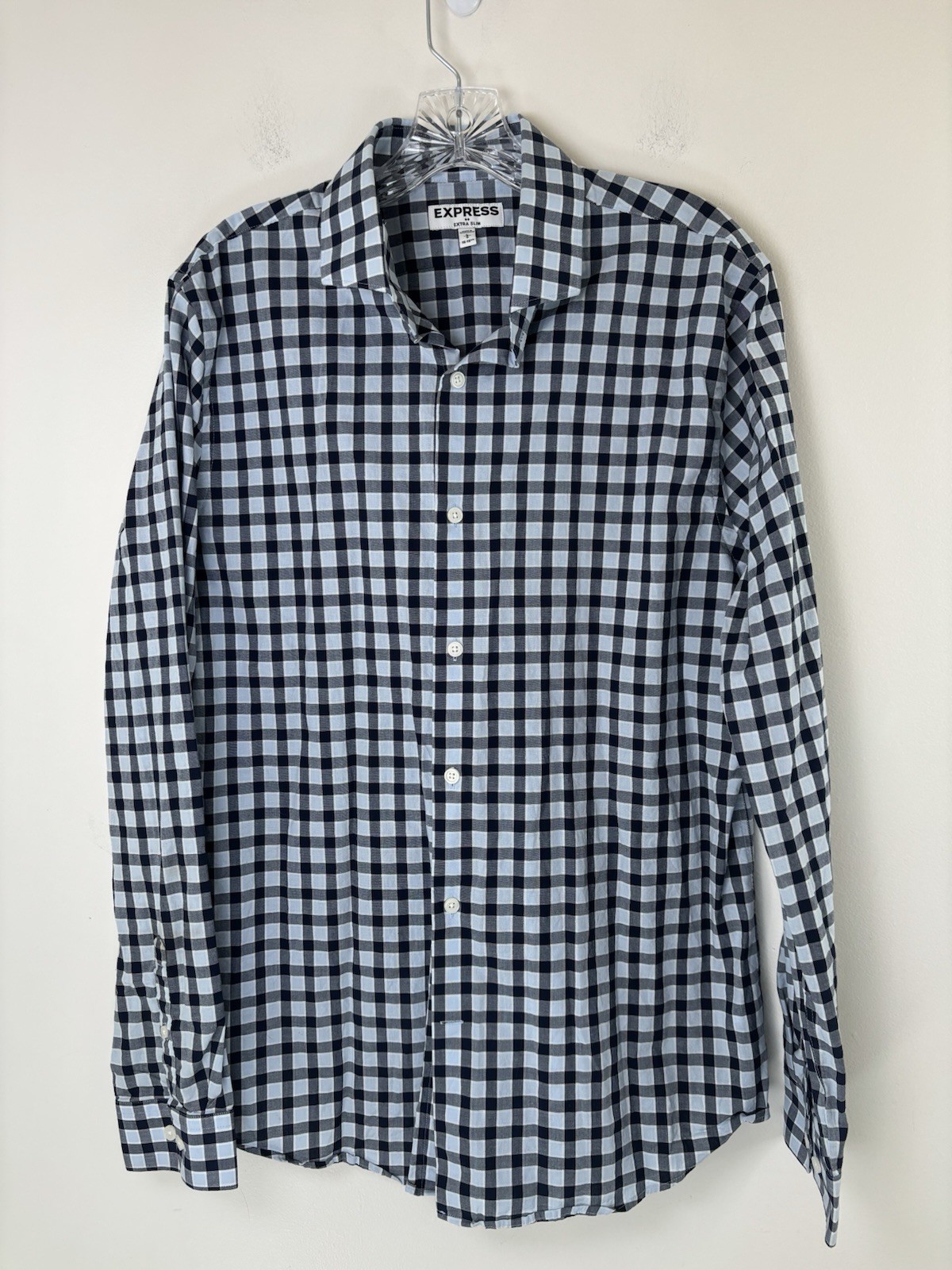 Express Shirt Mens Large 16-16.5 Blue Plaid Extra Slim Fit Button Up