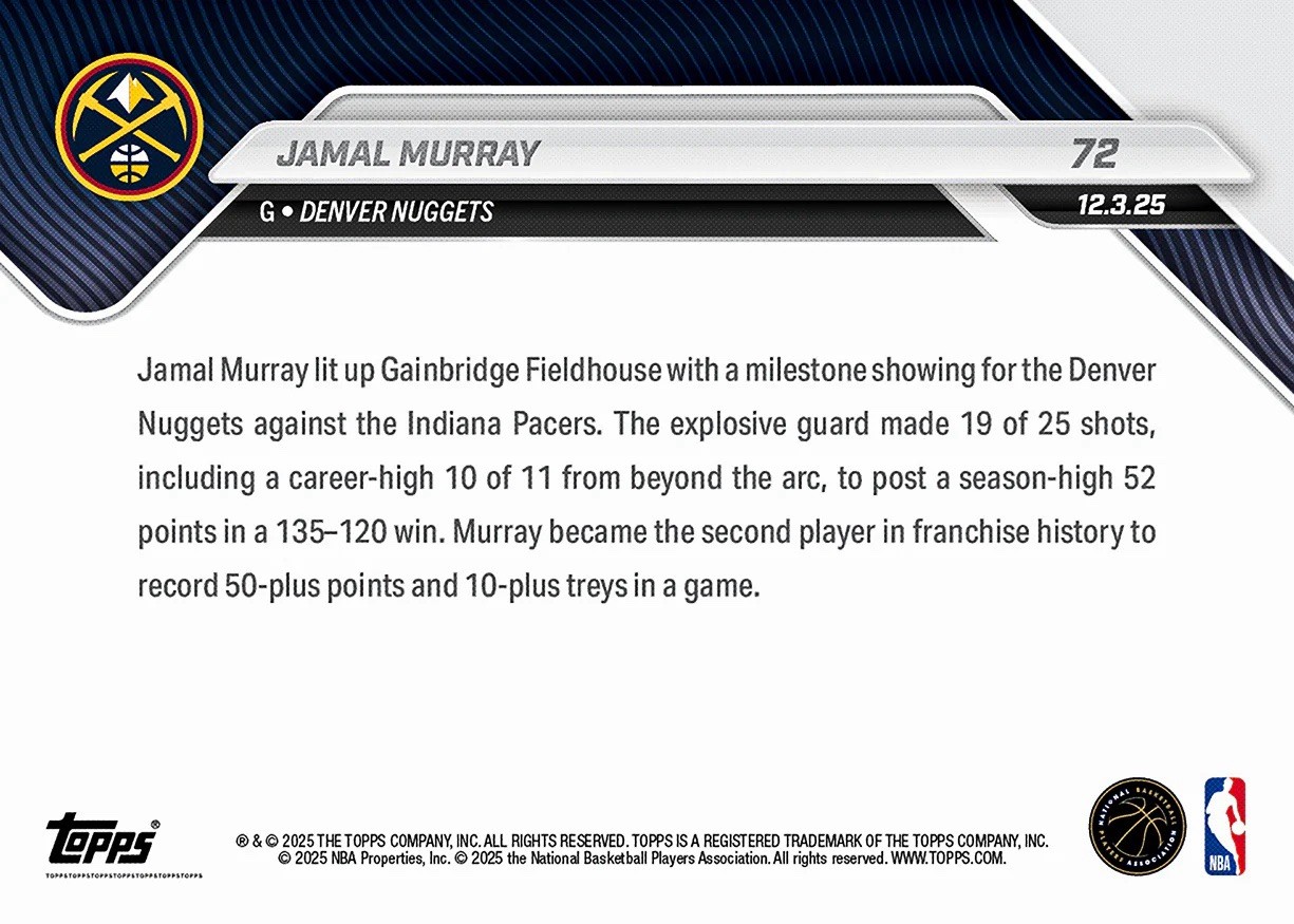 Jamal Murray 52 Points 10 3PM - 2025-26 NBA Topps NOW Card 72 Presale