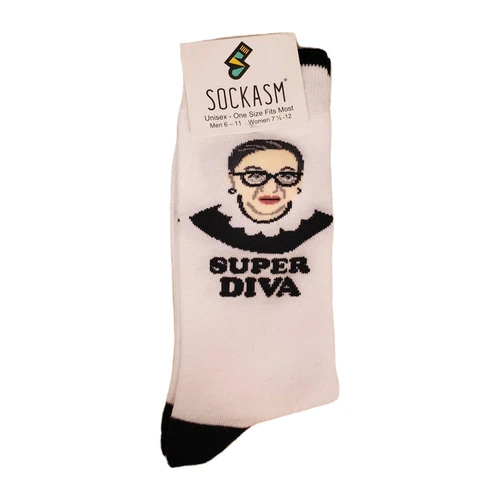 Chaussettes d'équipage blanches SOCKASM Ruth Bader Ginsburg RBG "Super Diva" SCOTUS OS NEUF