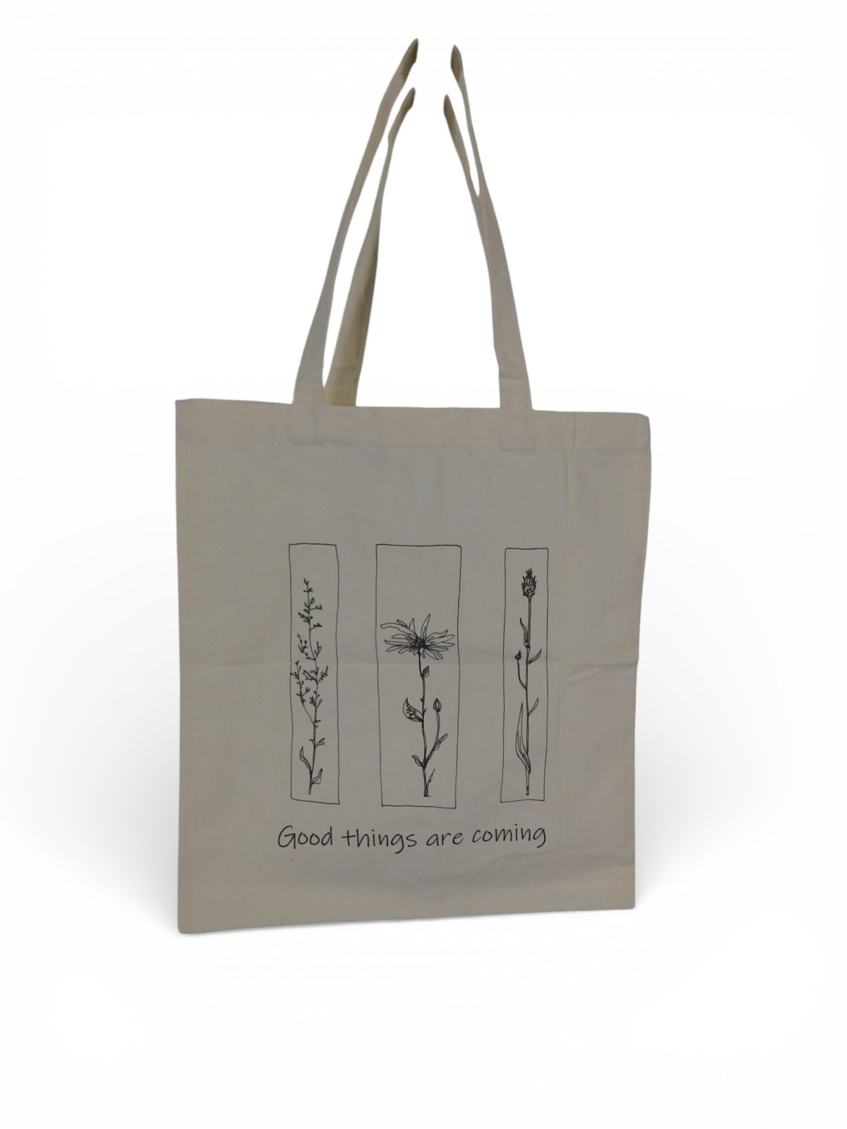 Floral Quote Tote Bag Womens Medium Beige Canvas Good Things