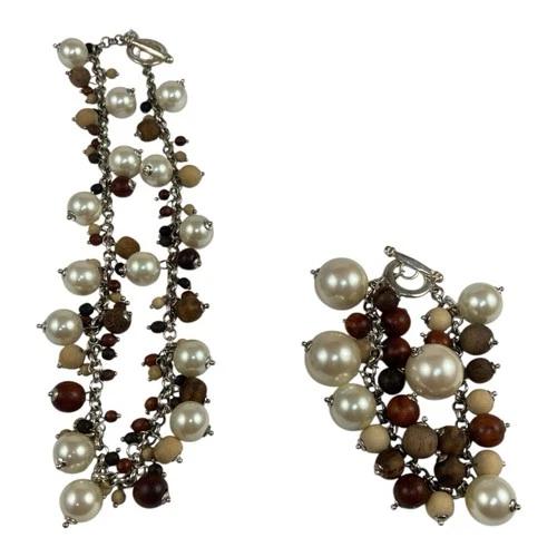 CAROLEE VTG Faux Pearls And Wood Beads Necklace 15” & Bracelet 7” Hippie Boho