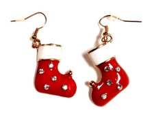 Christmas Stocking Earrings Red/Faux Stones/Goldtone Accents- FAST SHIPPING