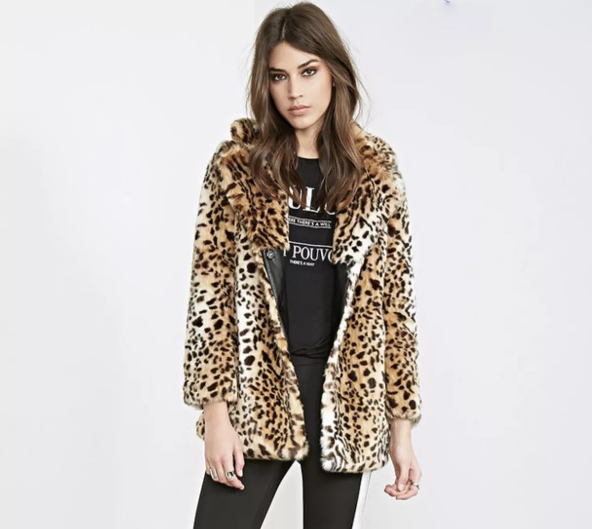 Forever 21 Faux Fur Coat Jacket Leopard Black/Brown Large L PLUSH New! $88