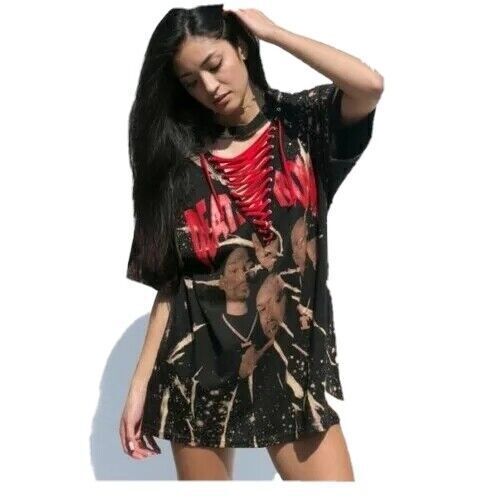 FILA T shirt Distressed Death Row maglietta da donna con lacci hip hop sbiancata XL?#C