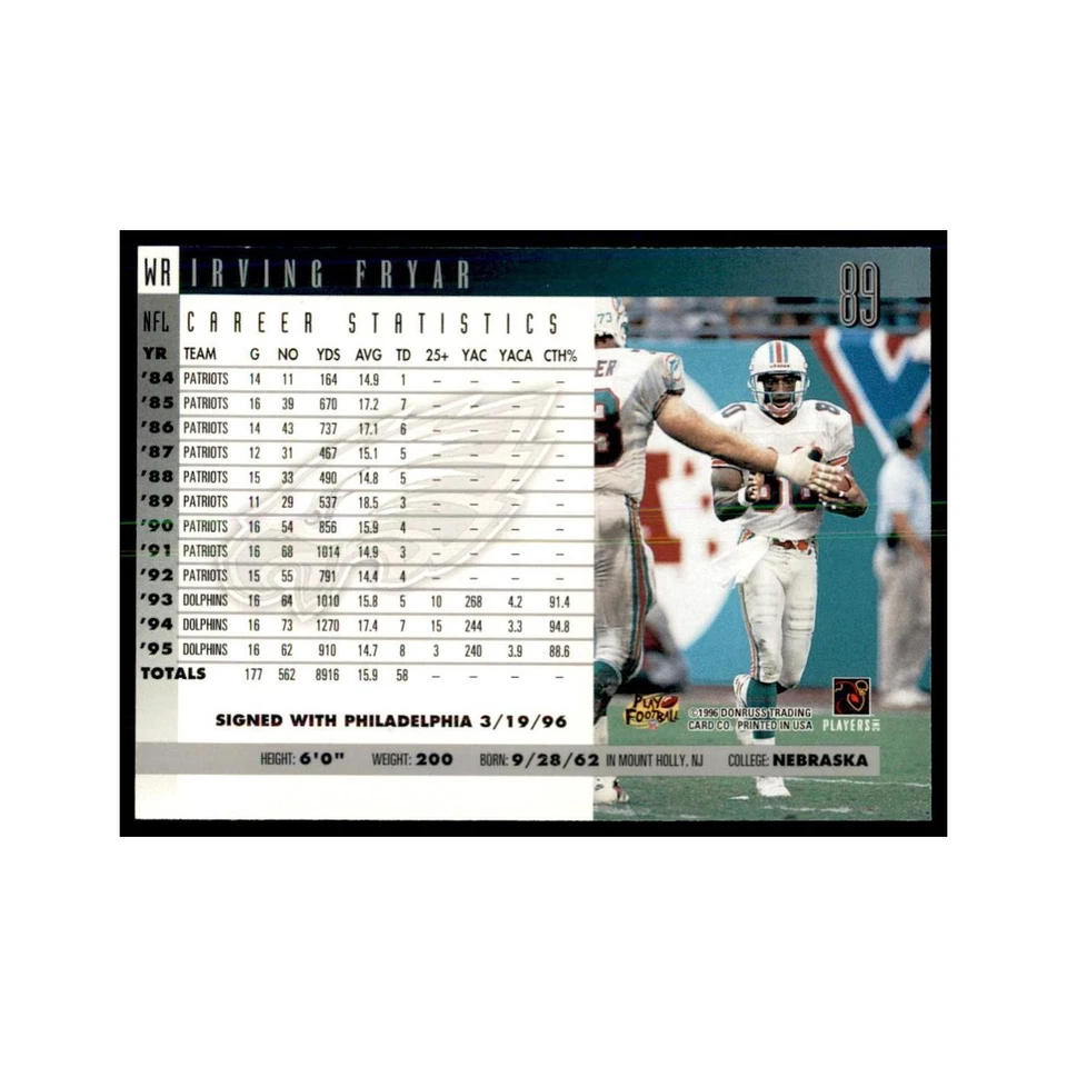 Irving Fryar 1996 Donruss #89 Football Cards Football Card NM - Image 2 of 3