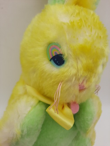 Vintage Happiness Aid Well Made Bunny Hase Plüsch 1985 gelb grün Regenbogen Augenlid - Bild 2 von 10