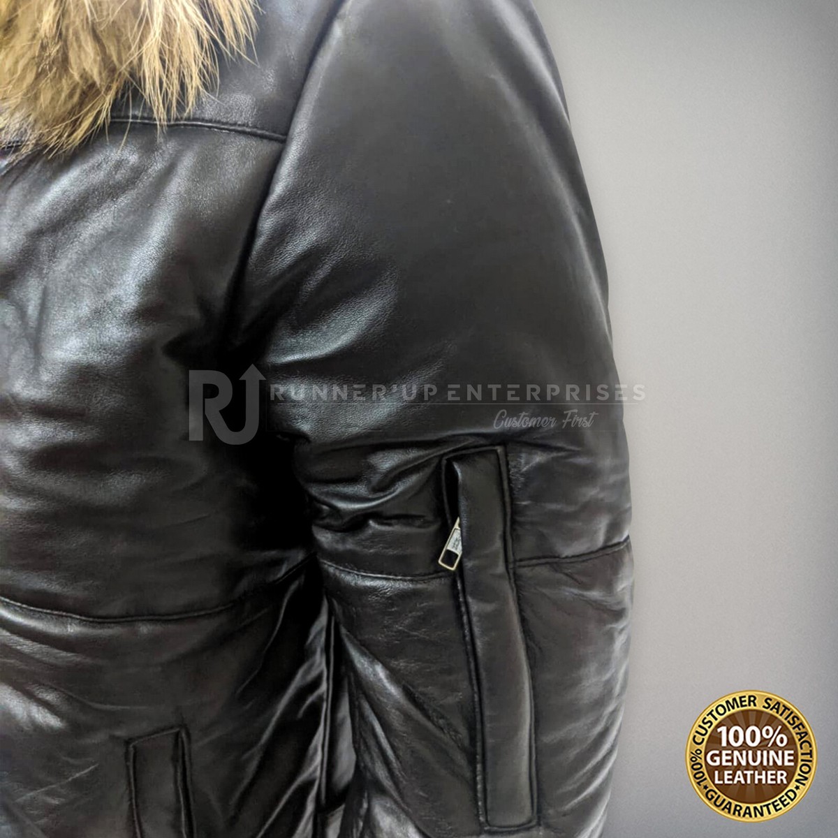 Down Men's Puffer Hooded Real Leather Jacket Zip Pockets Bomber