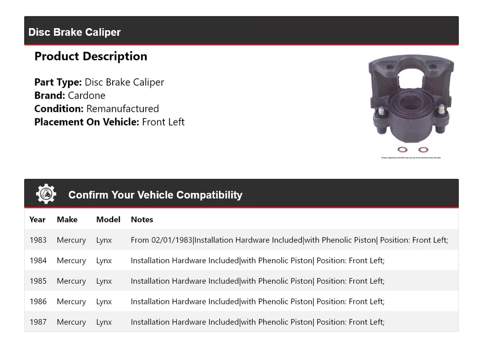 Pinza de freno de disco delantera izquierda Cardone 1984 1985 1986 Mercury Lynx 1983-1987 Foto 2 de 4