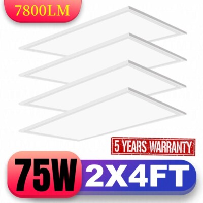 LED Flat Panel Light 75W Dimmable 2x4ft Drop Ceiling, Commercial Fixture, 4 Pack