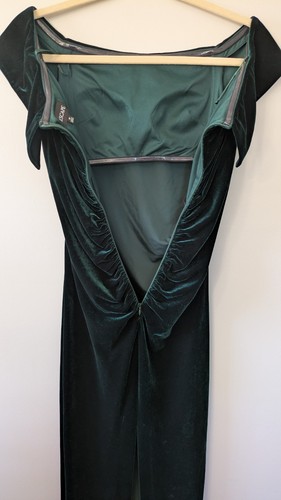 Xscape Womens Velvet Gown Green Off Shoulder Ruched Maxi Dress Evening Size 12 - Picture 5 of 13