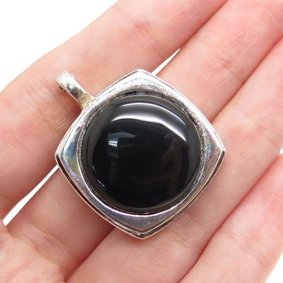 ELLE 925 Sterling Silver Vintage Real Cabochon Black Onyx Charm Pendant