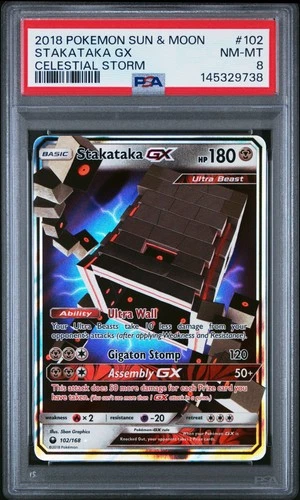 2018 POKEMON SUN & MOON CELESTIAL STORM #102 STAKATAKA GX PSA 8