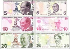 Turkey 5-20 Lira 3 Pieces Set, L.1970 (2009), P-222f-224f, UNC