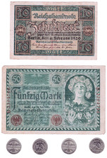 1920 German First Year Weimar Republic Banknotes 10 & 50 Mark & 50 Pfg Coins VG+