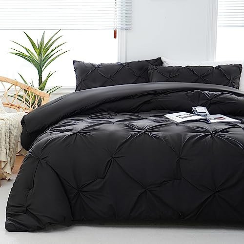King Comforter Set - Black King Size, 3-Piece Pintuck Bedding Set, 1 Pinch - Picture 1 of 6