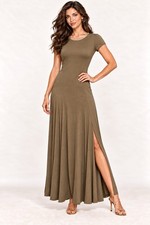 Michael Kors New Short Sleeve Safari Green Metallic Trim Jersey Maxi Dress XS