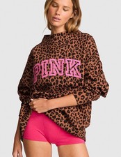 victoria secret pink Logo Campus Fleece Oversized Mock-Neck Sweatshirt Leopard L
