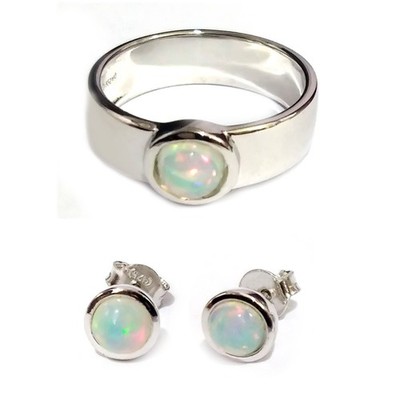 Cavill Damen Silberset Ring Ohrringe 925 Sterling Opal 0,82ct rund- Echtschmuck