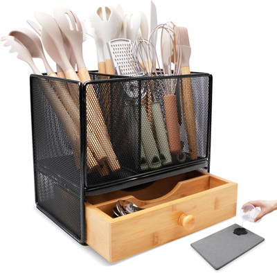 Kitchen Utensil Holder with Drawer, 2-In-1 Large Utensil Holder & Silverware Hol