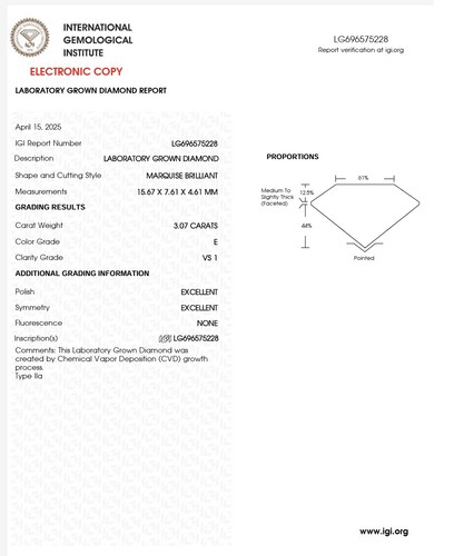 Platinum 3.07ct Marquise Cut Lab Grown Diamond Solitaire Ring Certified - Picture 5 of 5