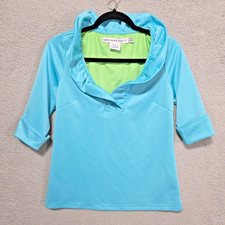 Gretchen Scott Turquoise Blue Ruffle Fan Collar 3/4 Sleeve Top V Neck Size XS