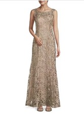 New Alex Evenings Illusion RoundNeck Sleeveless Embroidered Lace Champagne Gown