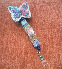 Butterfly Floral Beaded Badge Reels Lanyard Strap Blue Pink Clear Silver