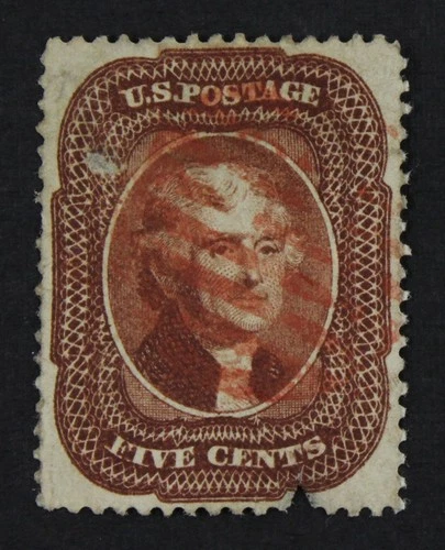 CKStamps: US Stamps Collection Scott#28 5c Jefferson Used Perfs Pulled Spot Thin