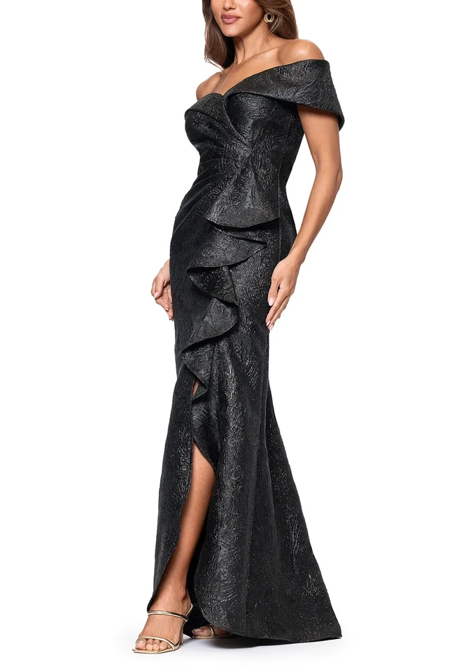 Xscape Black Metallic Ruffle One-Shoulder Jacquard Mermaid Gown Size 6 $298 - Image 2 of 3