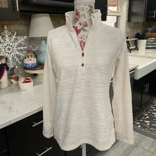 Eddie Bauer Polar Fleece 1/4 Zip Pullover Ivory Embossed Women's M Soft Cozy