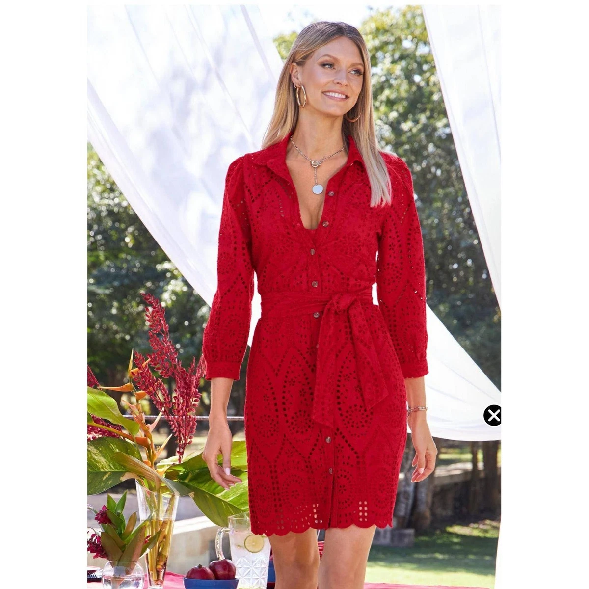 chinese dress ladies Olivia Coral Red Broderie Lace Midi Shirt Dress  Rose & Nancy
