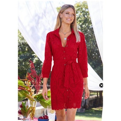 Boston Proper Red Eyelet Lace Shirt Dress M Midi Button Front Belted Puff Sleeve