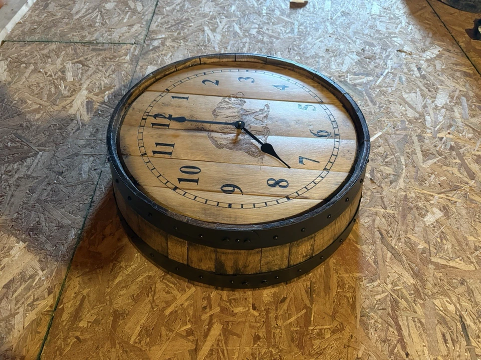 Handcrafted Oak Barrel Head Clock – Bear Engraving, Rustic Farmhouse Style - Image 2 of 3