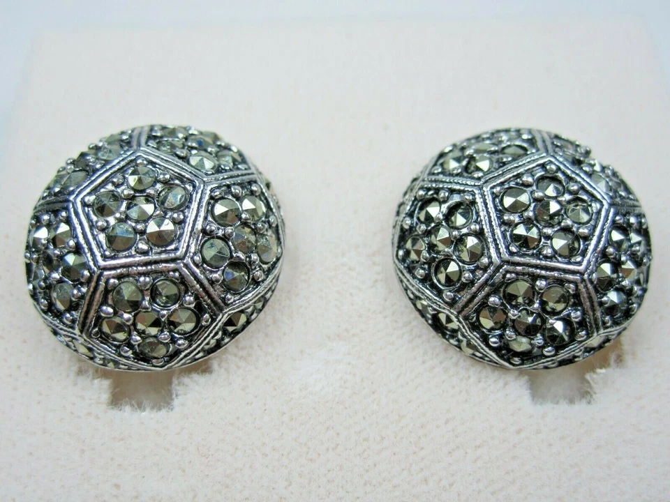 D'Orlan Rhodium Plated Pierced Earrings with Marcasite Stones 1731 - Image 2 of 4