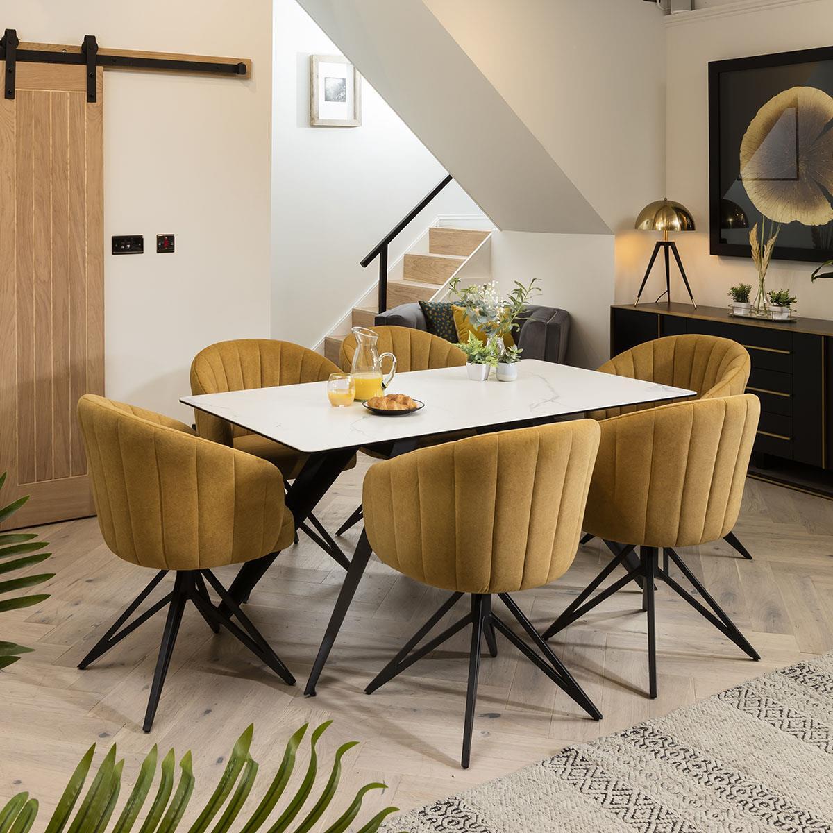 White Marble-Look Ceramic Table Mustard Chairs Seater Dining