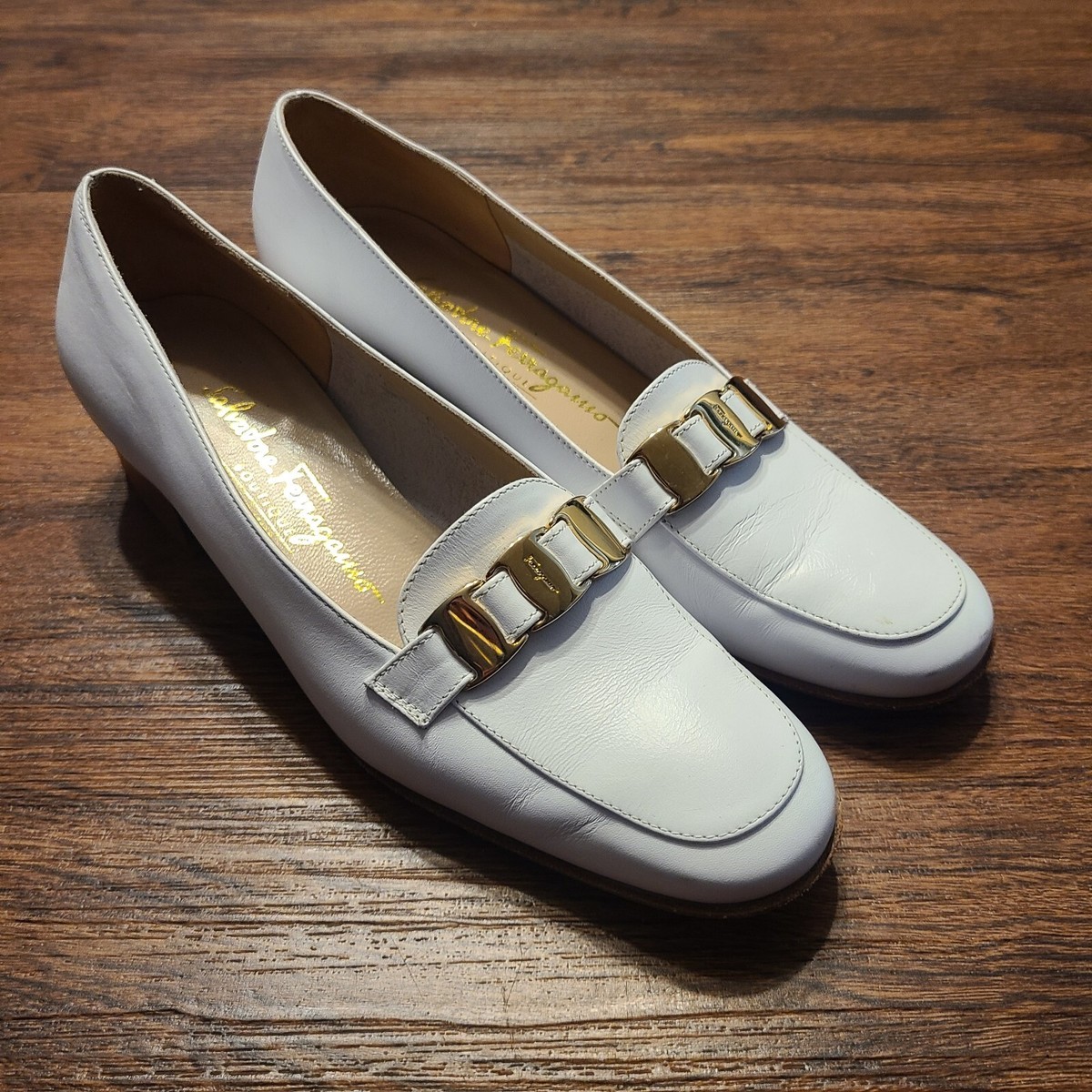 Vintage Salvatore Ferragamo White Leather Gold Horsebit 