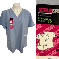 Scrubstar Premium Scrub Top Womens XL Blue Bliss Rounded Hemline Medical Vet