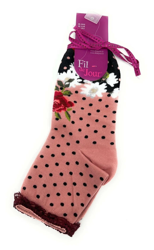 Calcetines Fil de Jour France para mujer rosa margarita rojo rosa EE. UU. 7/9,5 hechos en Italia Foto 3 de 4