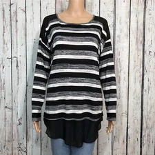 Signature Studio Pullover Shirt Top LARGE Black Gray White Stripe Chiffon Trim